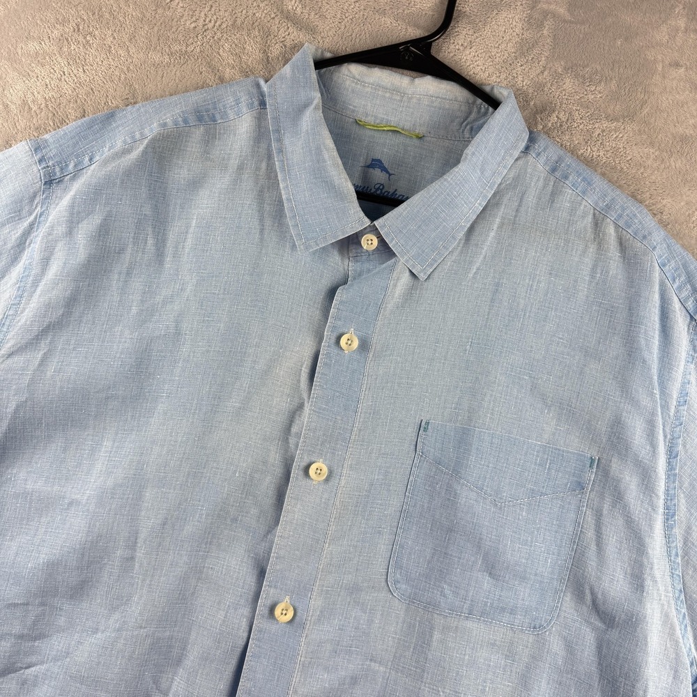 Tommy Bahama Shirt Mens 2XL Blue Linen Short Sleeve Button Up Marlin Pocket